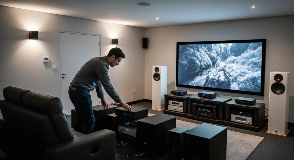 Technician calibrating audio and video equipment in a modern home theater