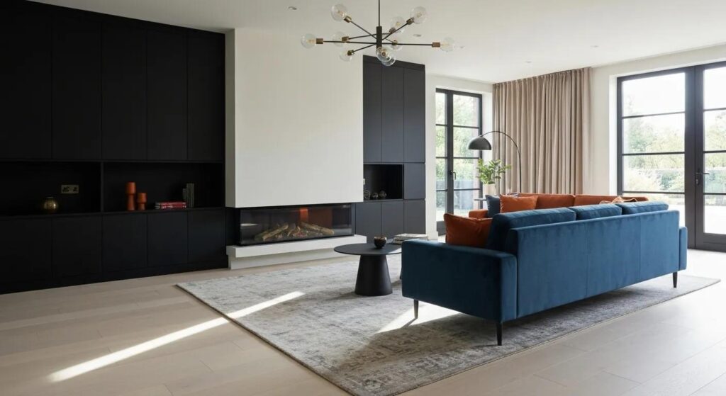 Living room with hidden wiring solutions showcasing aesthetic integration