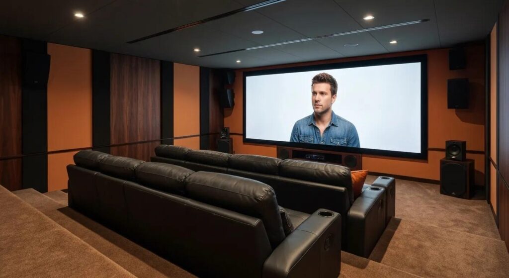 Luxurious home theater setup with large screen and comfortable seating