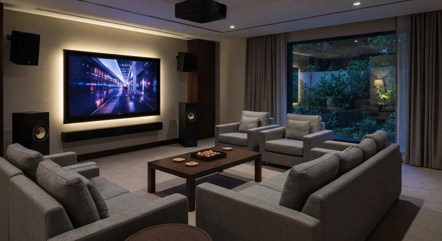 Modern home theater setup with projector and screen showcasing professional wiring services