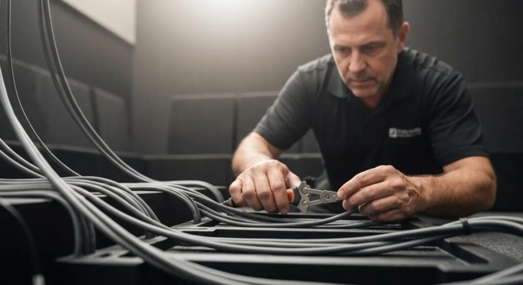 Close-up of high-quality audio cables being installed in a home theater