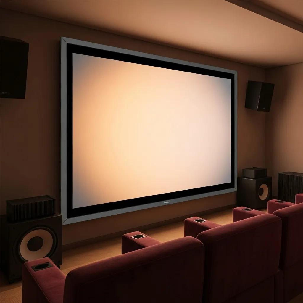 Fixed frame projector screen in a dedicated home theater room showcasing premium quality
