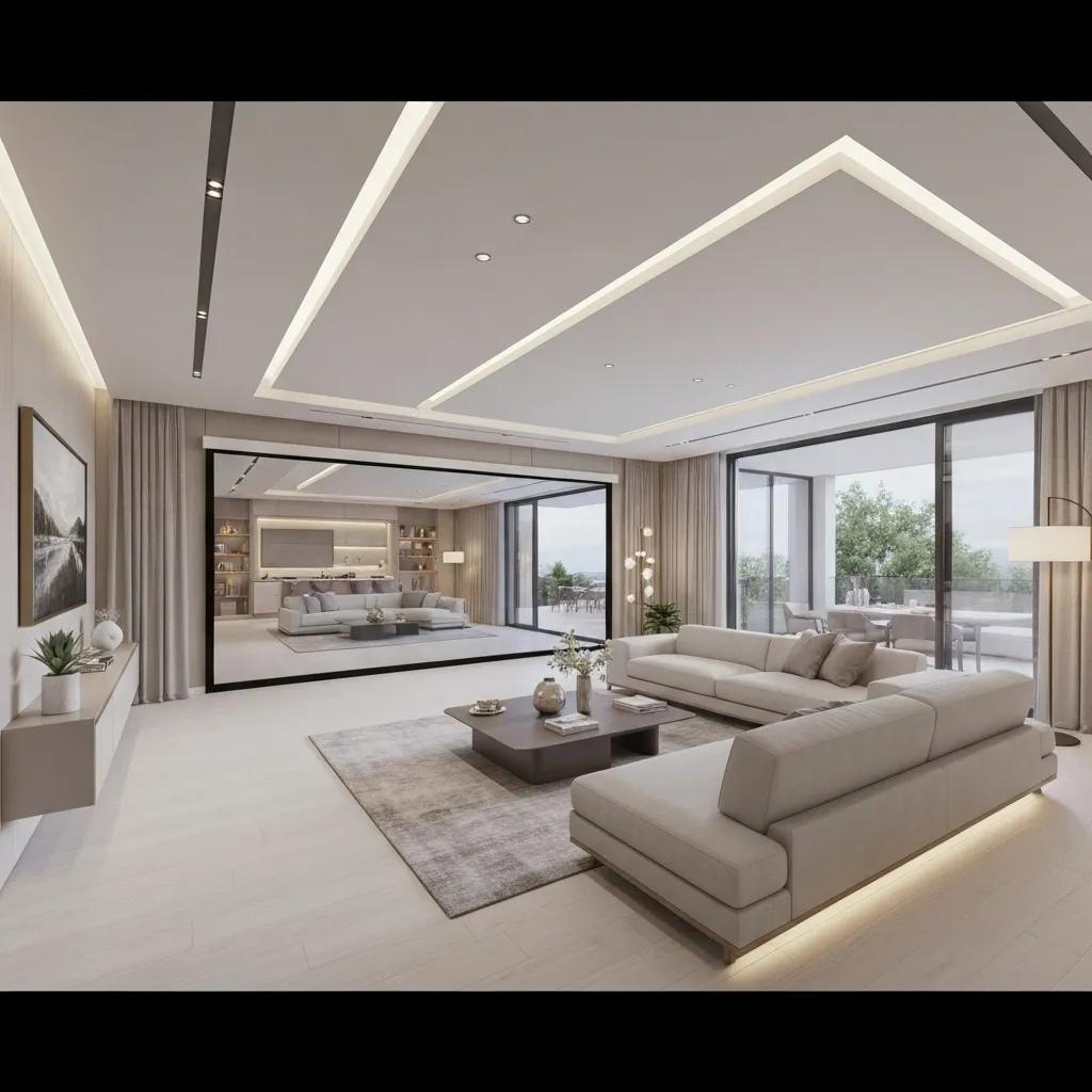 Motorized retractable screen being deployed in a stylish living room