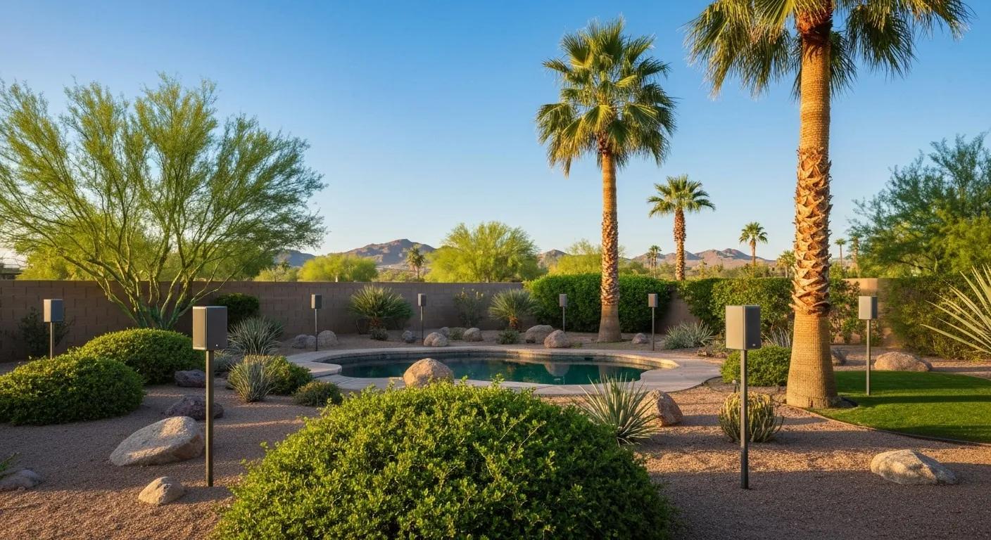 Immersive outdoor wireless speakers in a vibrant Arizona backyard, perfectly integrated with the natural landscape