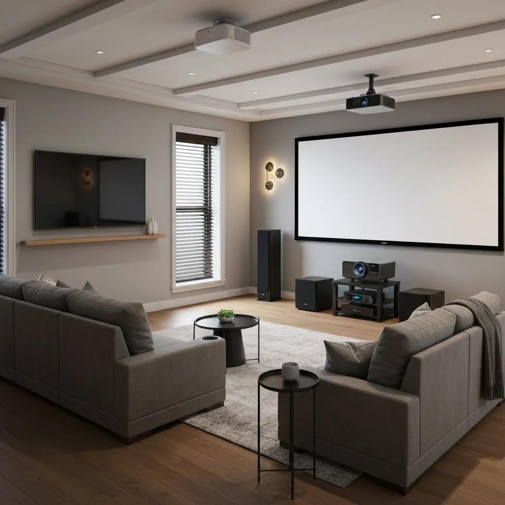 Professional home theater installation with a large projector screen and cozy seating
