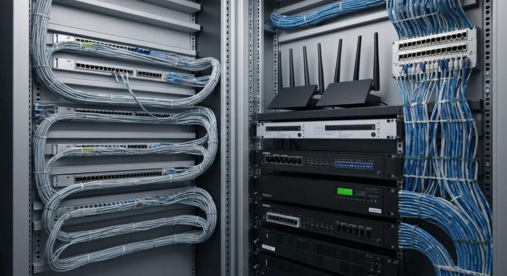 A clean and organized installation of network cabling and AV equipment, highlighting structured wiring