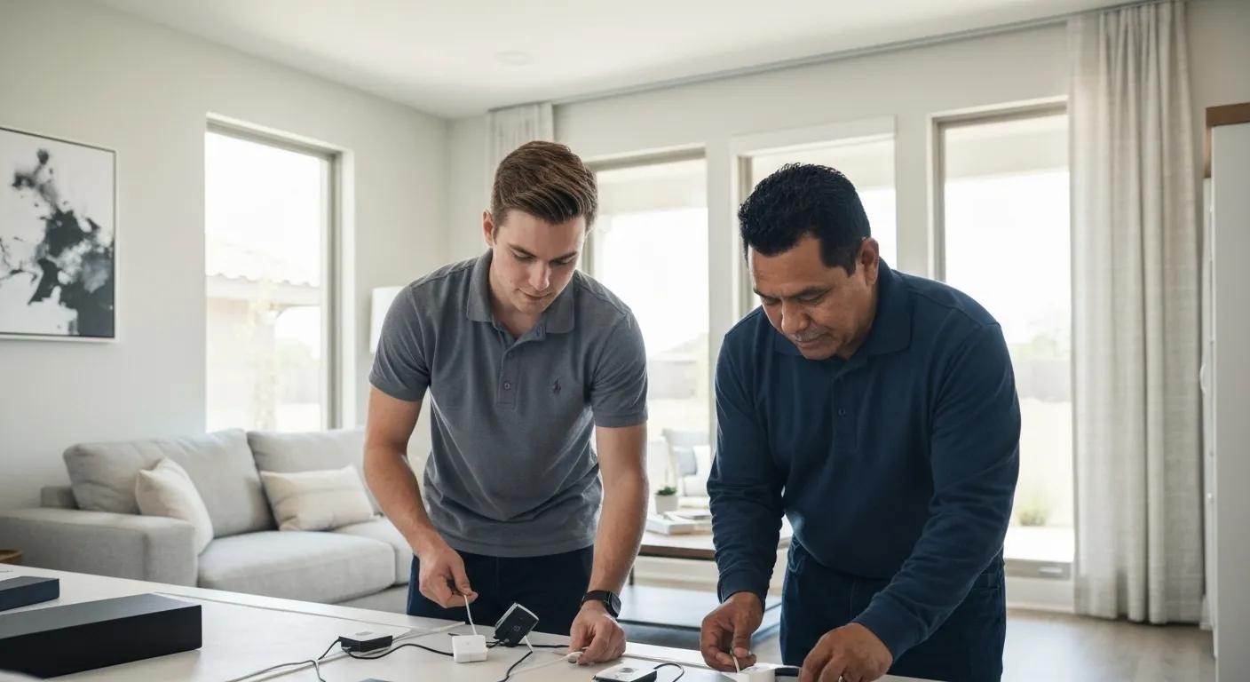 Skilled low voltage technicians installing smart home technology in a modern Phoenix living room