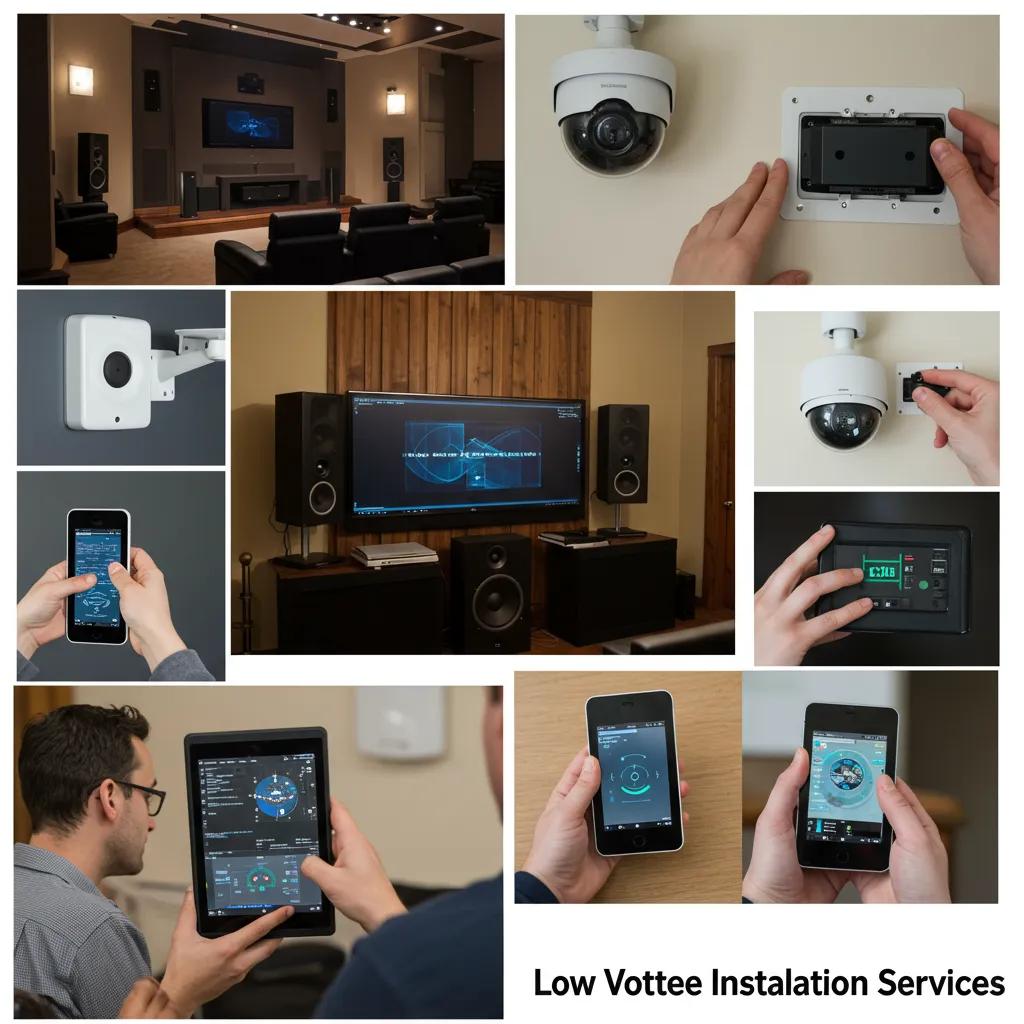 A vibrant collage showcasing various low voltage installation services: audio video, security systems, and home automation