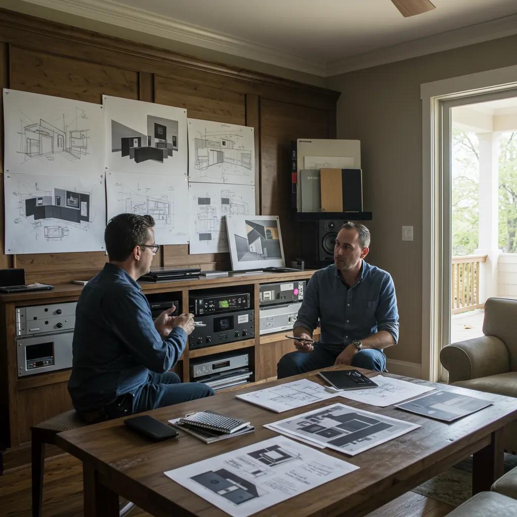 Home theater design consultation with a professional discussing plans with clients