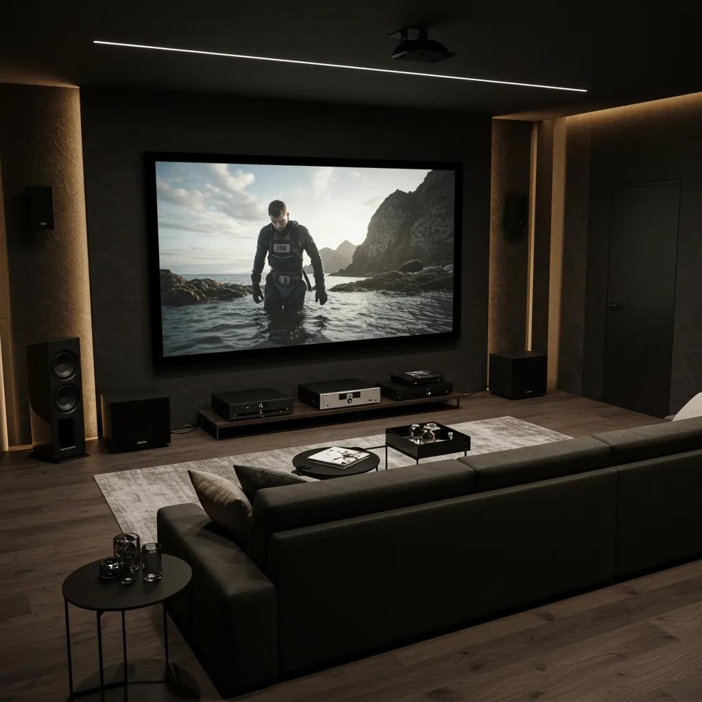 Modern home theater setup with large screen and comfortable seating