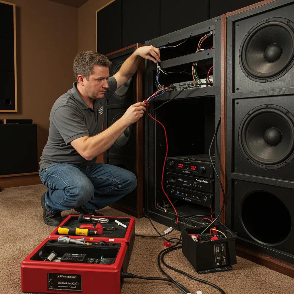 Technician calibrating a home theater system with specialized equipment