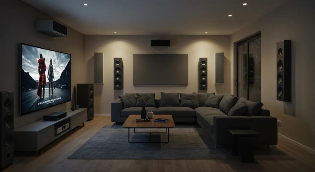 A modern living room featuring a meticulously installed surround sound speaker setup, creating an immersive audio experience for movies and music.