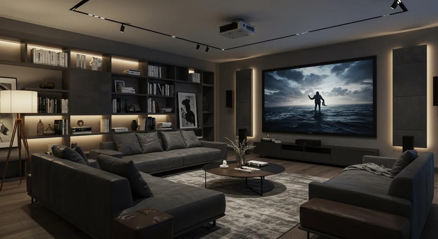 A beautifully designed living room transformed into a home theater, showcasing modern decor and integrated technology for ultimate comfort and entertainment.