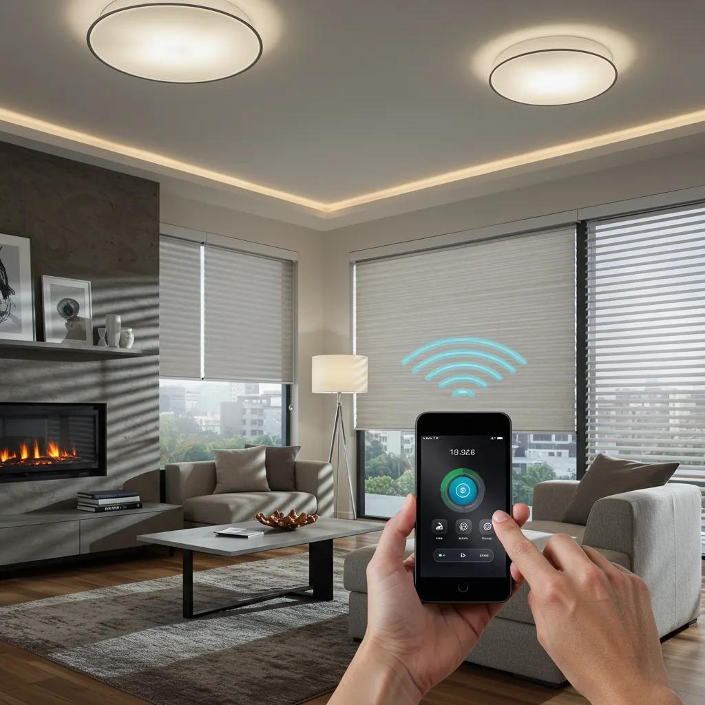 Homeowner effortlessly controlling smart home features in a sleek, modern living room