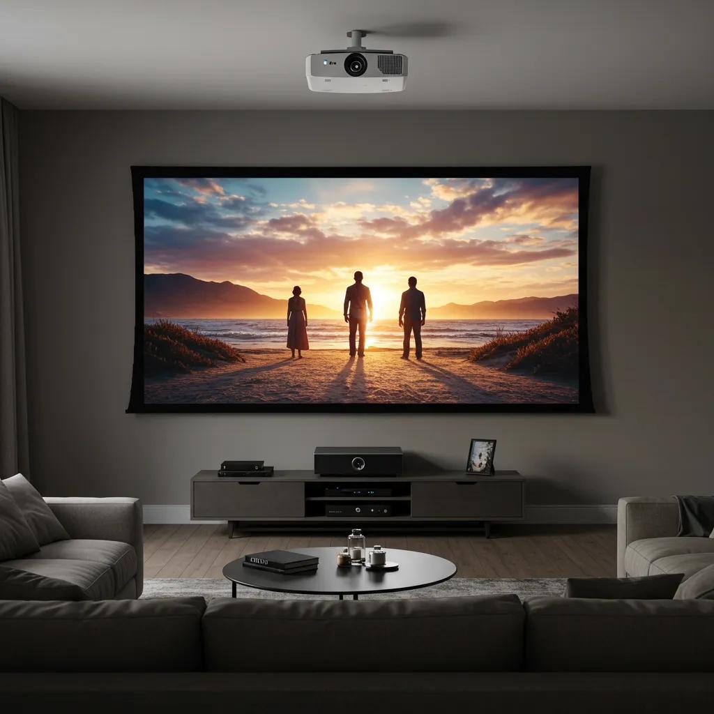 A large 4K projector system expertly installed in a modern living room, displaying a vibrant movie scene with exceptional clarity and color.
