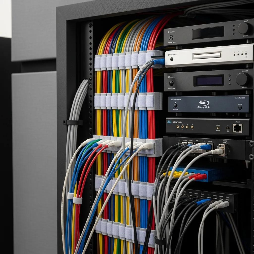 Close-up of structured cabling in a professional home theater installation