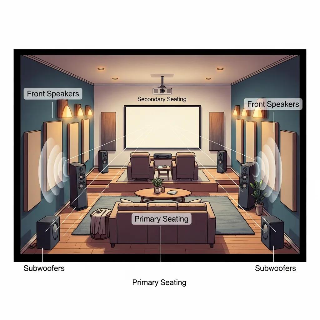Illustrated layout of a home theater room showing optimal speaker placement and screen positioning