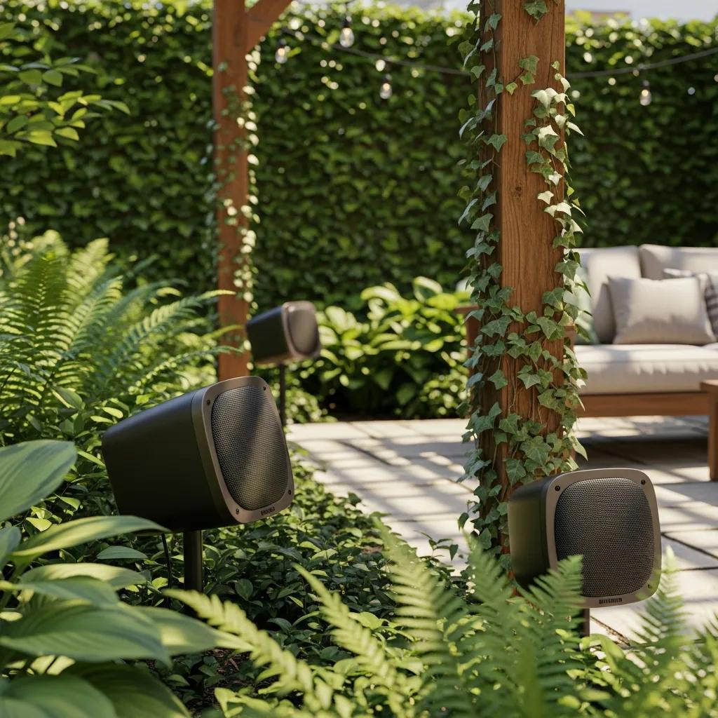 High-quality weather-resistant outdoor speakers in a backyard setting