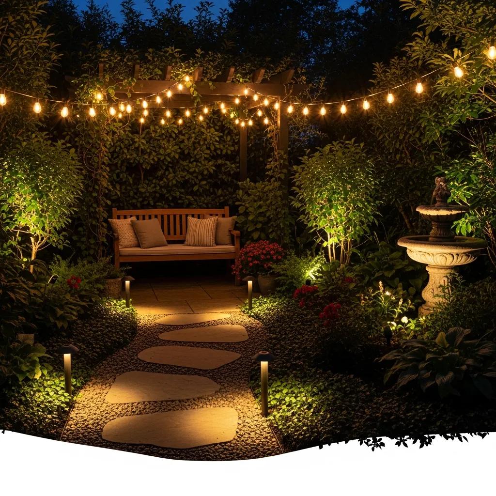 Various outdoor lighting solutions enhancing a garden path and seating area
