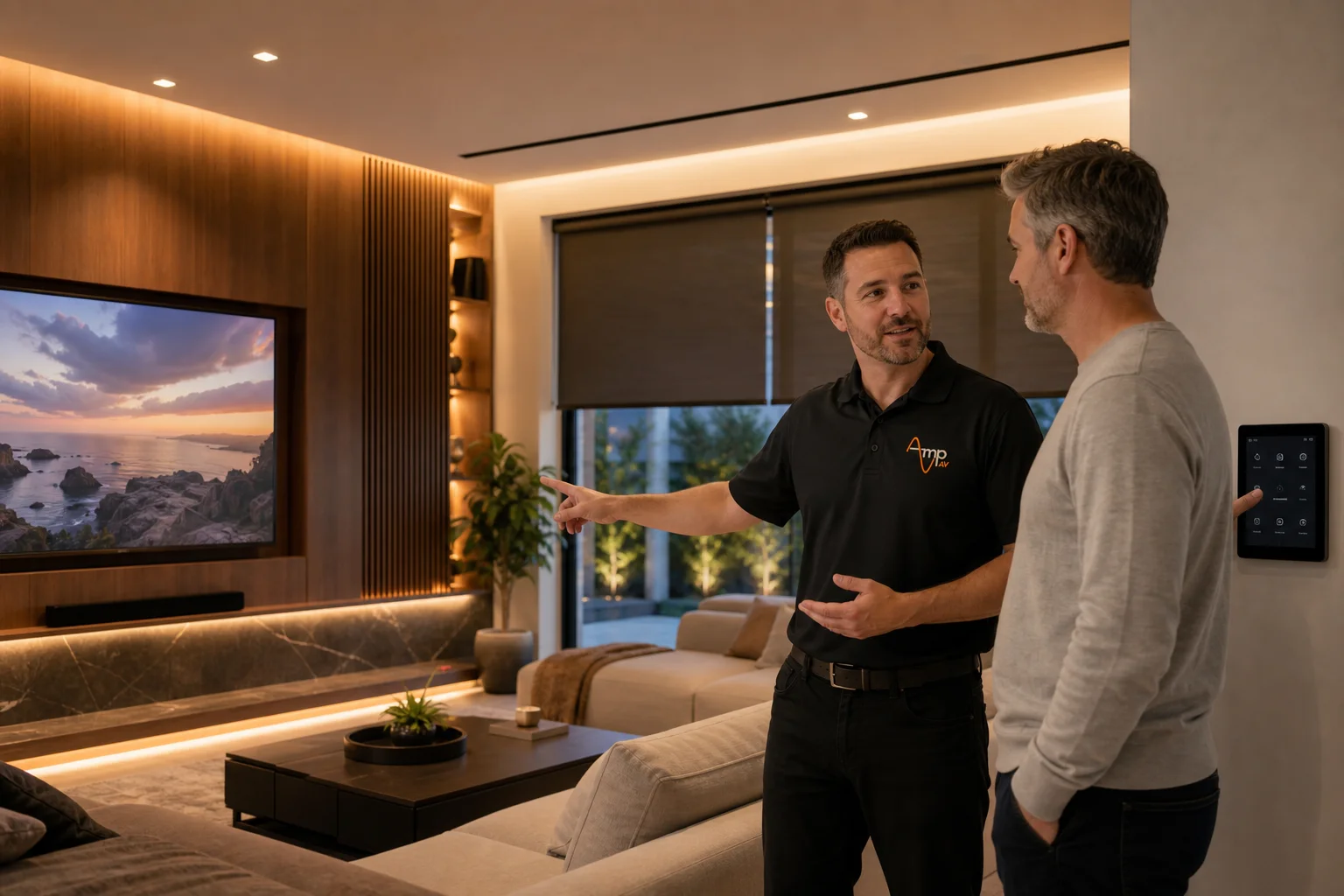 AV technician demonstrating complete home technology integration on a smart home control panel in a luxury living room