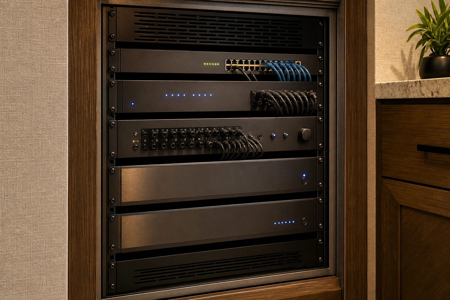 A smart home control panel displaying integrated home automation systems including lighting, climate, and security across multiple zones