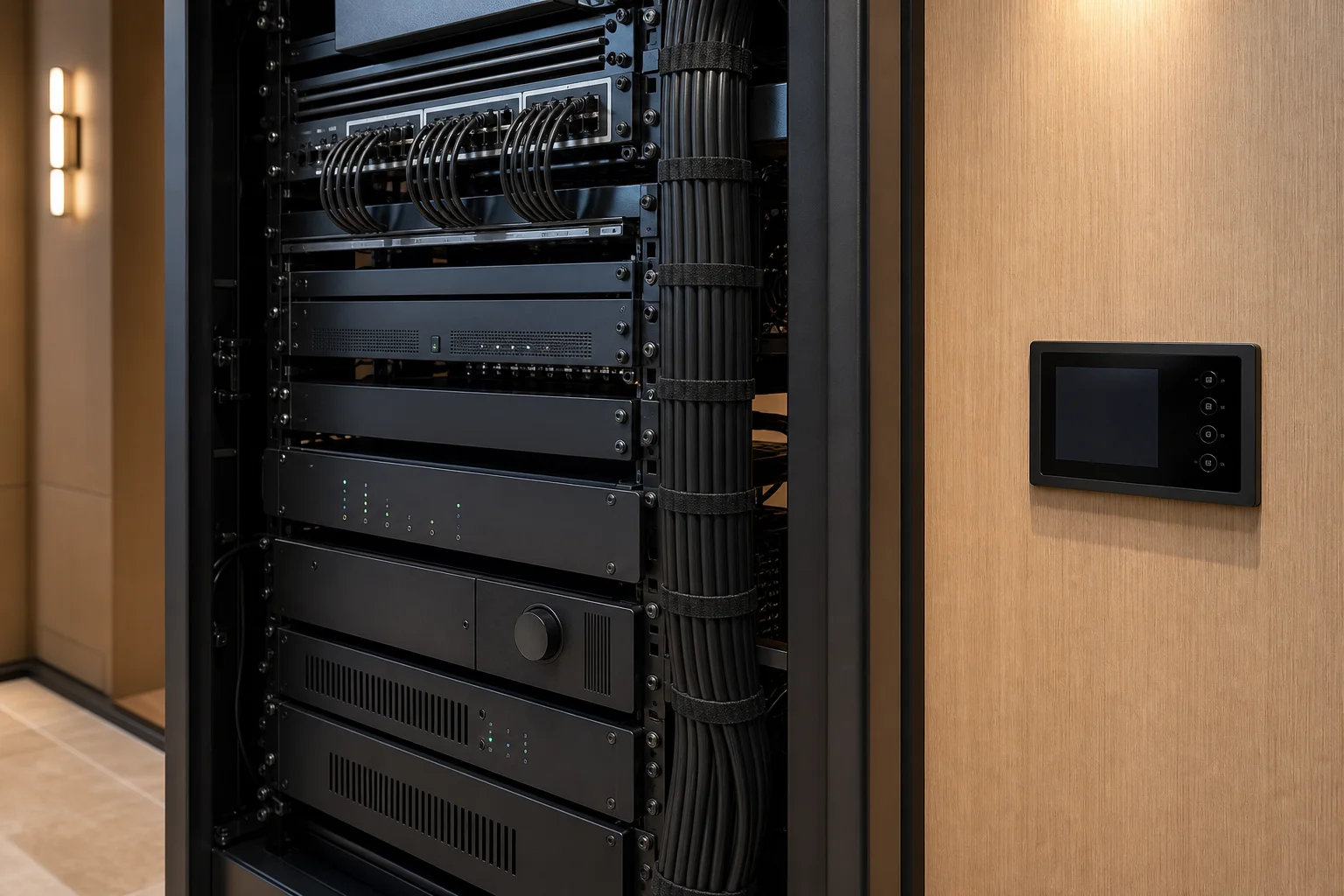 Professional AV equipment rack with organized cabling and high-performance audio video components in a custom Arizona media room installation