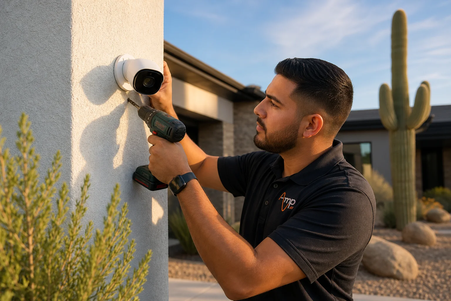 Professional technician performing security camera installation for Phoenix homes on a modern stucco exterior