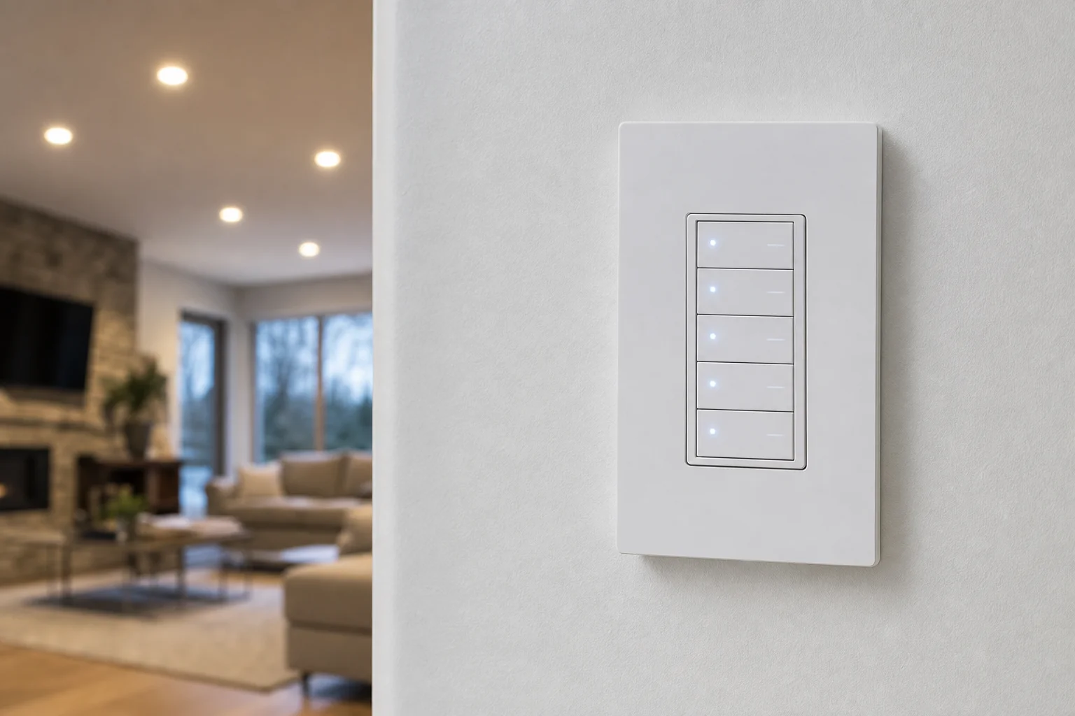 Sleek Lutron smart lighting keypad mounted flush in a luxury Arizona home wall, showing multiple programmable scene buttons with soft backlighting