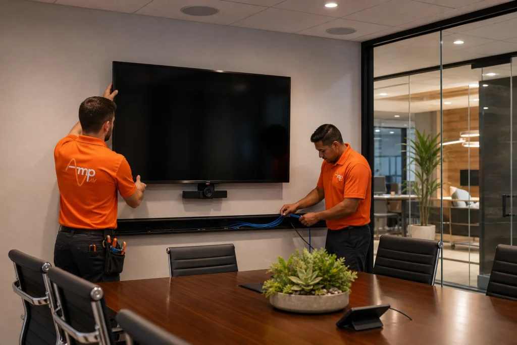 Amp AV technicians performing commercial audio visual installation in a modern Phoenix office conference room