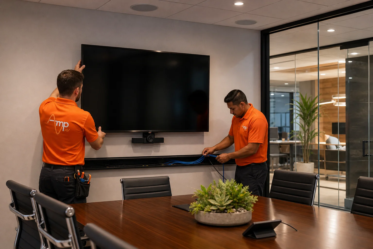 Amp AV technicians performing commercial audio visual installation in a modern Phoenix office conference room