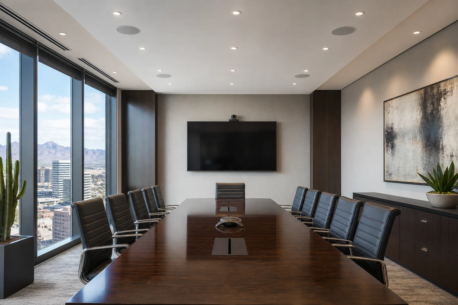 AV technician installing professional ceiling speakers in a modern Phoenix commercial office with a large display visible at the head of the room