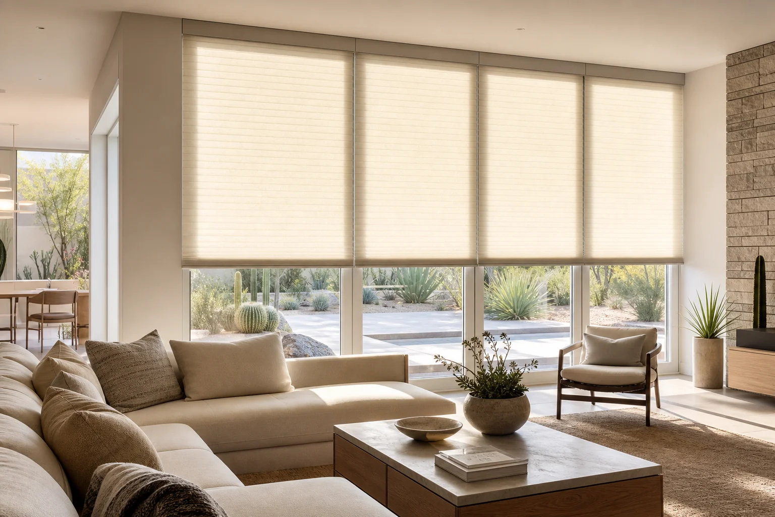 Motorized cellular shades installed in a bright Arizona living room, honeycomb fabric filtering warm afternoon sunlight into soft diffused light