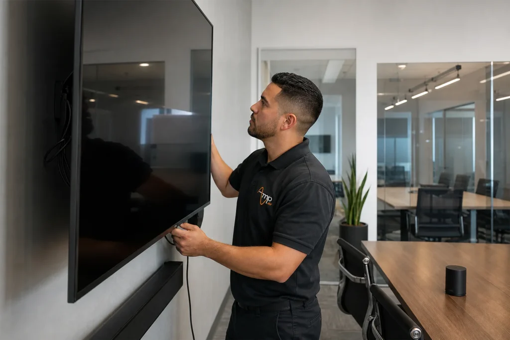 AV technician mounting a display in a Mesa or Chandler business conference room during a commercial AV installation