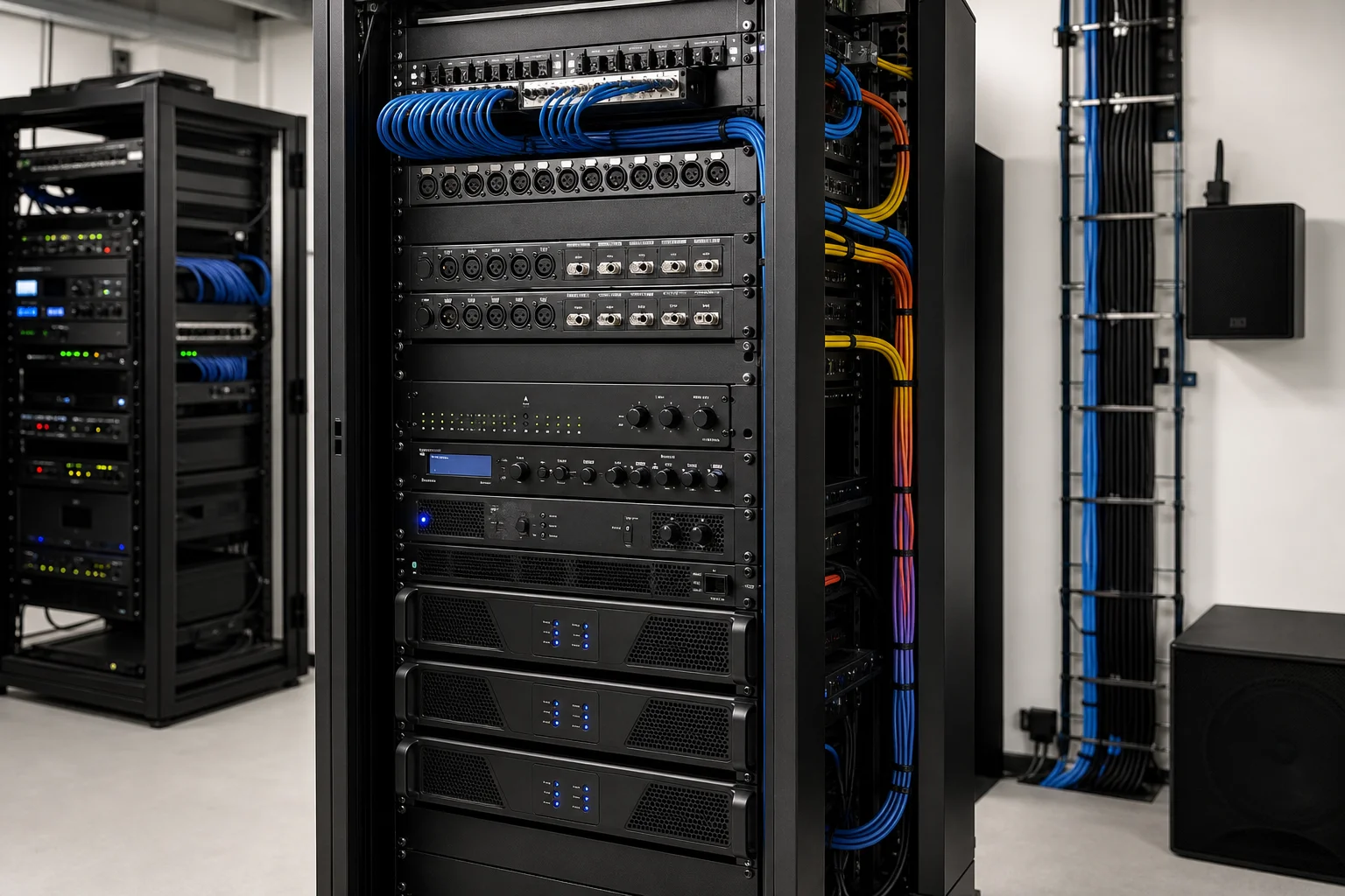 Neatly organized commercial AV equipment rack with labeled cabling in an installation room