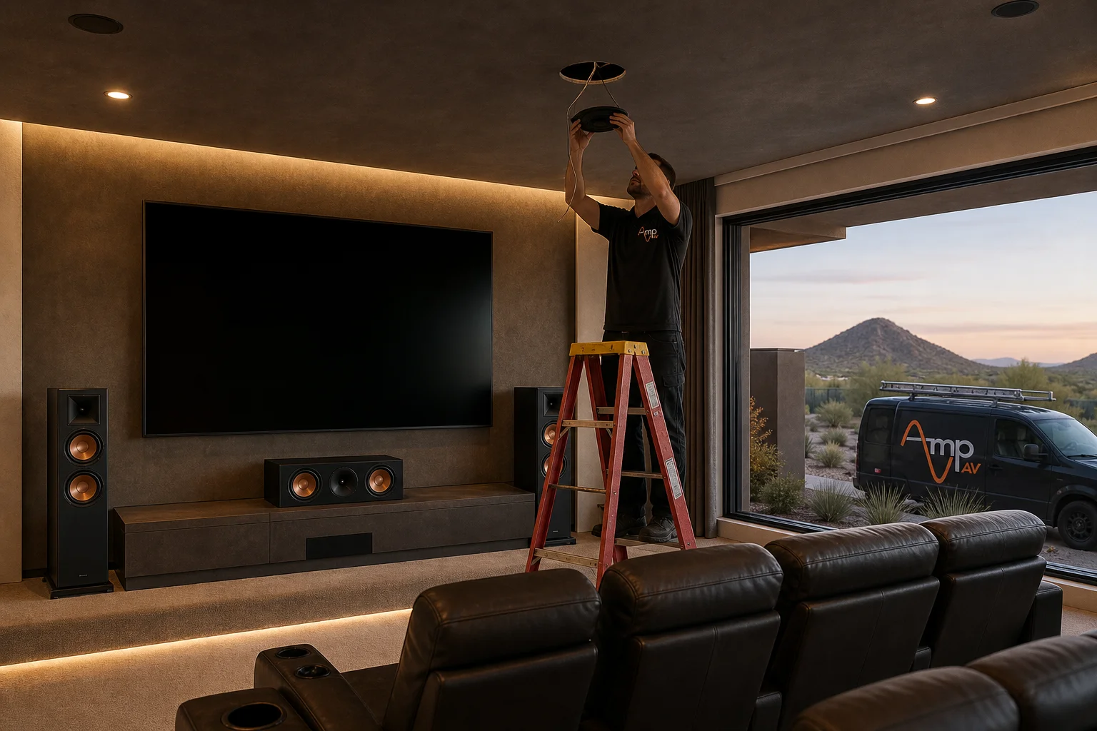 AV technician performing a Dolby Atmos installation in a Phoenix home theater