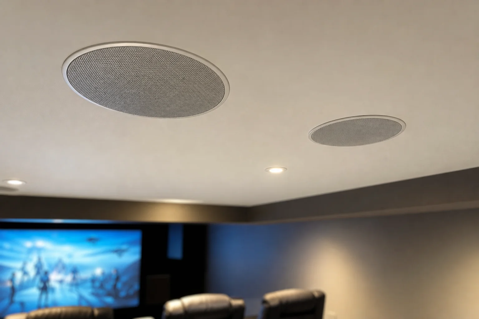 Overhead ceiling speakers being installed in a home theater