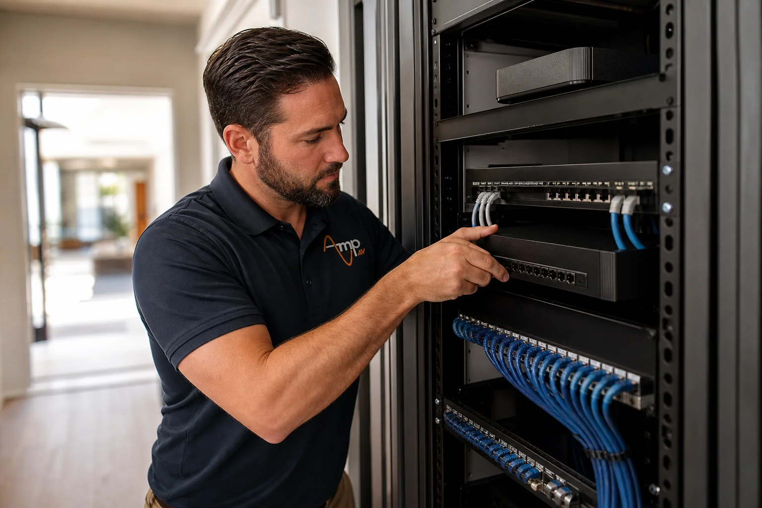 AV technician installing home network infrastructure equipment in a modern home equipment closet