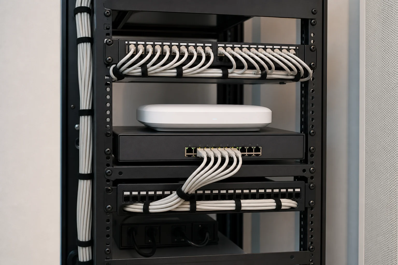 Technician organizing a home network infrastructure equipment rack with router, network switch, and patch cables