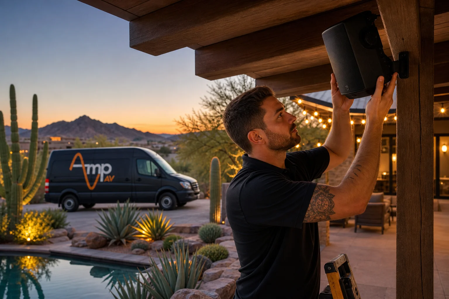 Amp AV technician installing outdoor entertainment systems on an Arizona patio at dusk