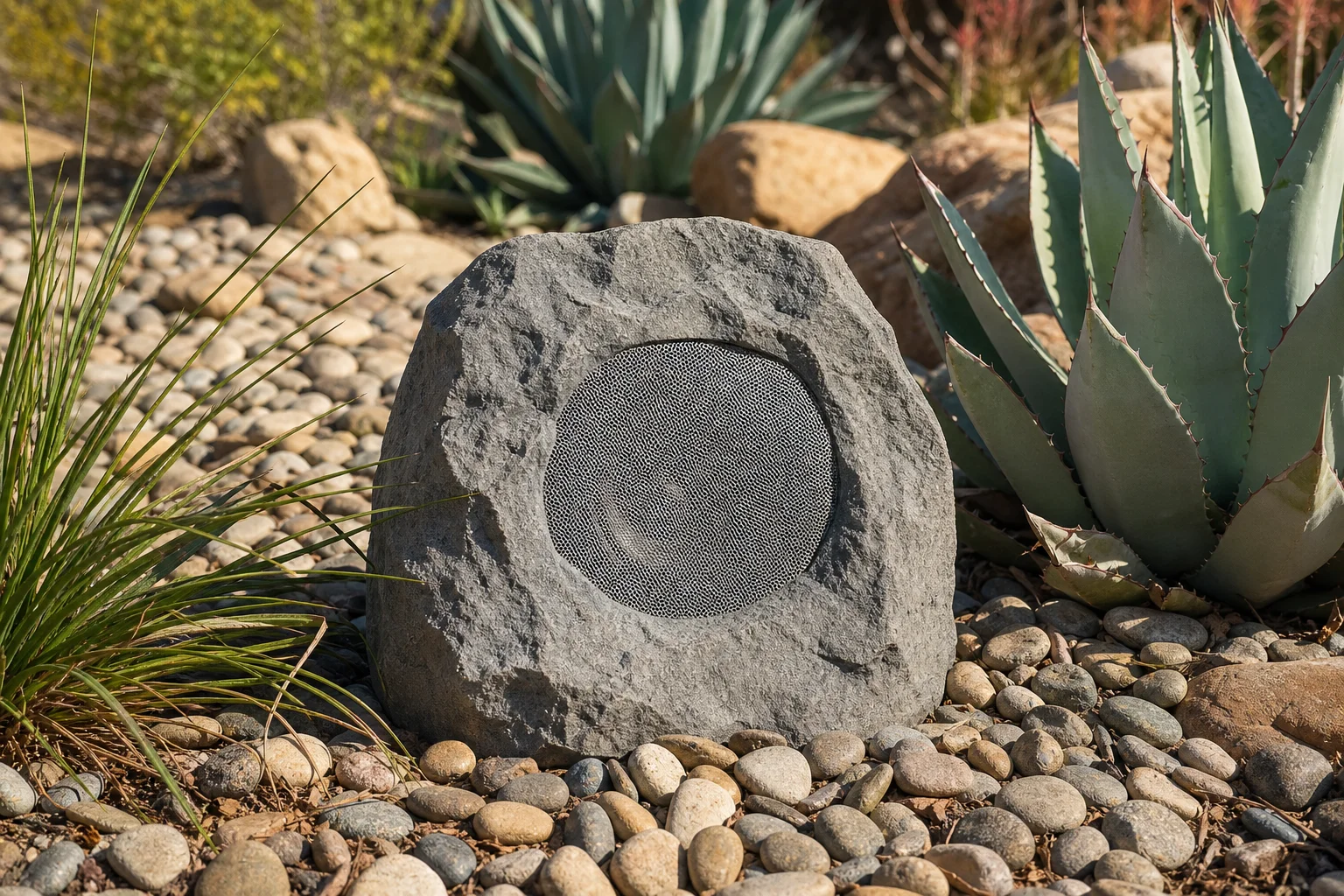 Rock speaker blended into desert landscaping as part of an outdoor entertainment systems installation