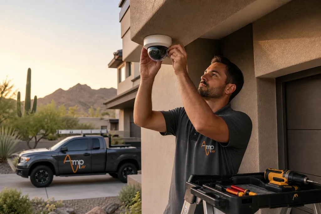 Amp AV technician installing a wired security camera on a Phoenix home while weighing wired vs wireless security cameras