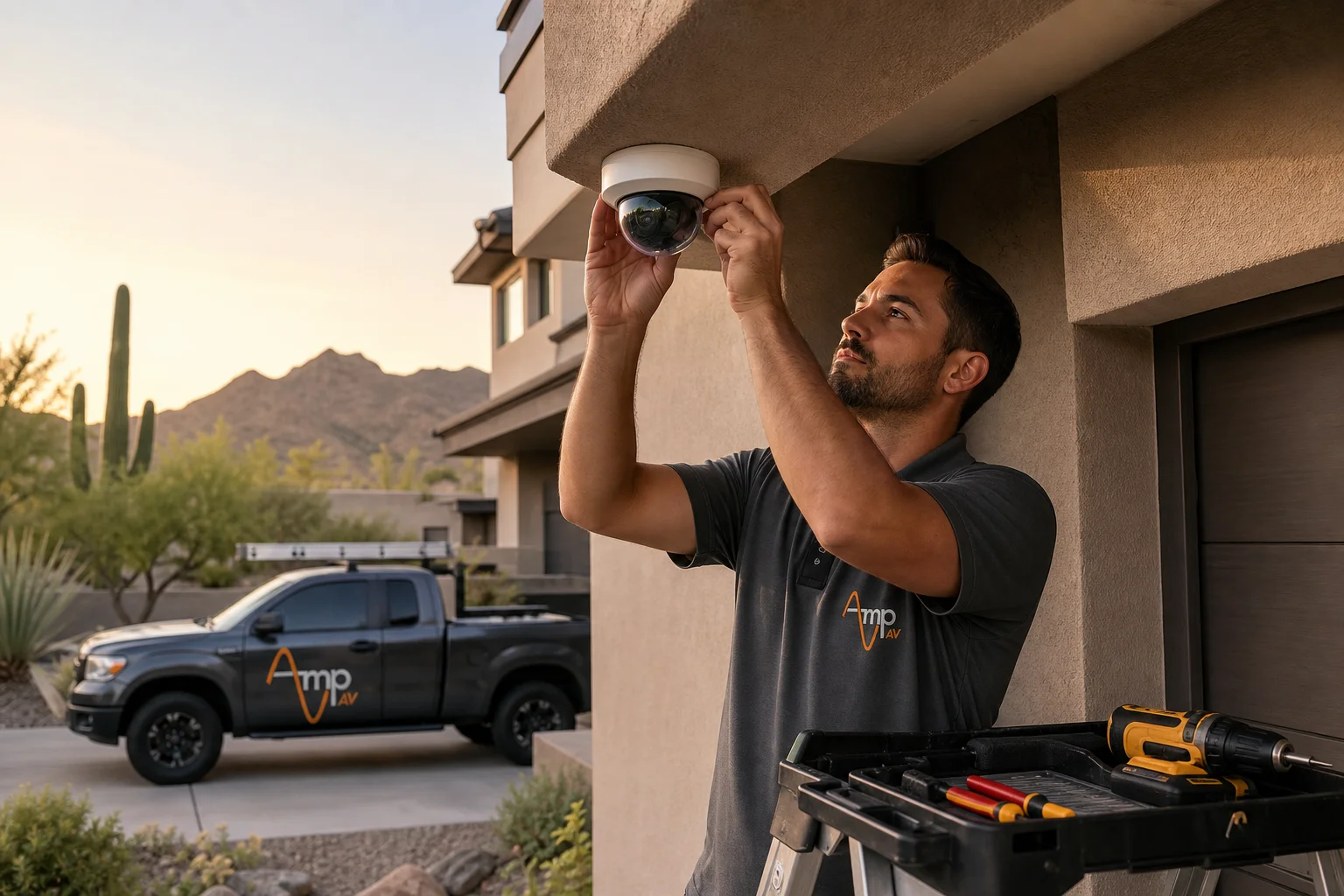 Amp AV technician installing a wired security camera on a Phoenix home while weighing wired vs wireless security cameras