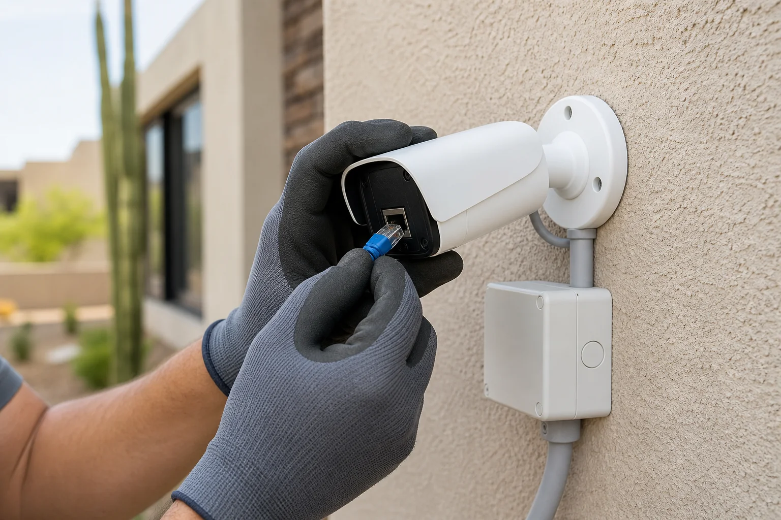 Close-up of Power over Ethernet cable connecting a wired security camera during installation