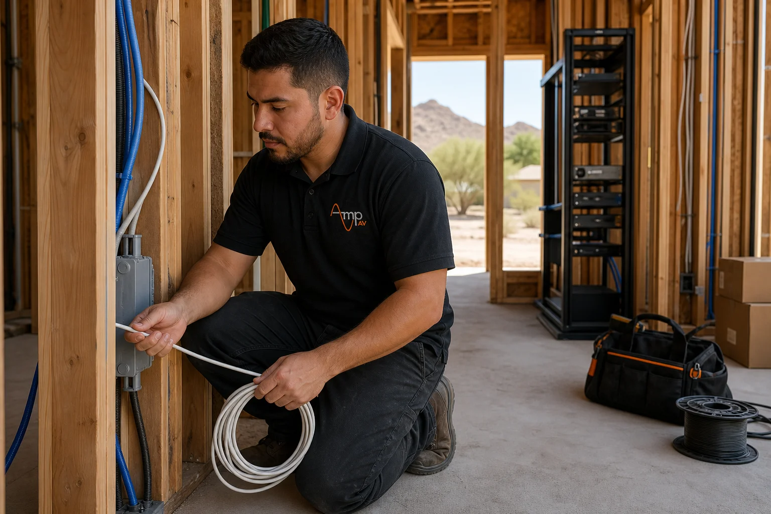 Amp AV technician running structured cable for new construction prewire in a Phoenix home before drywall