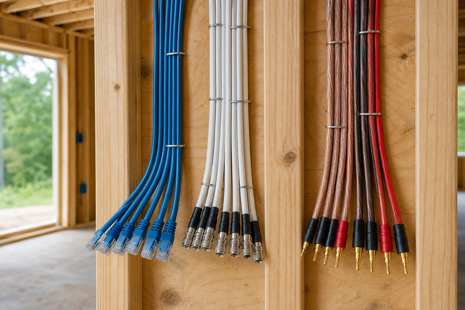 AV technician running structured low-voltage wiring through open wall studs at a new construction home site