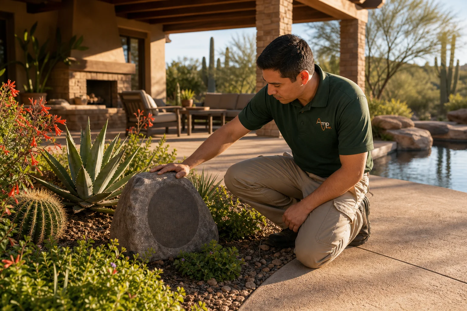 Amp AV technician installing patio, landscape or pool speakers in an East Valley backyard