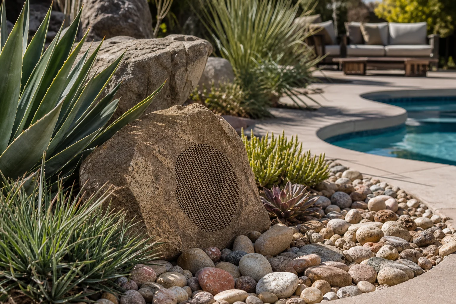 Rock-shaped speaker camouflaged among desert landscaping stones beside a backyard pool patio