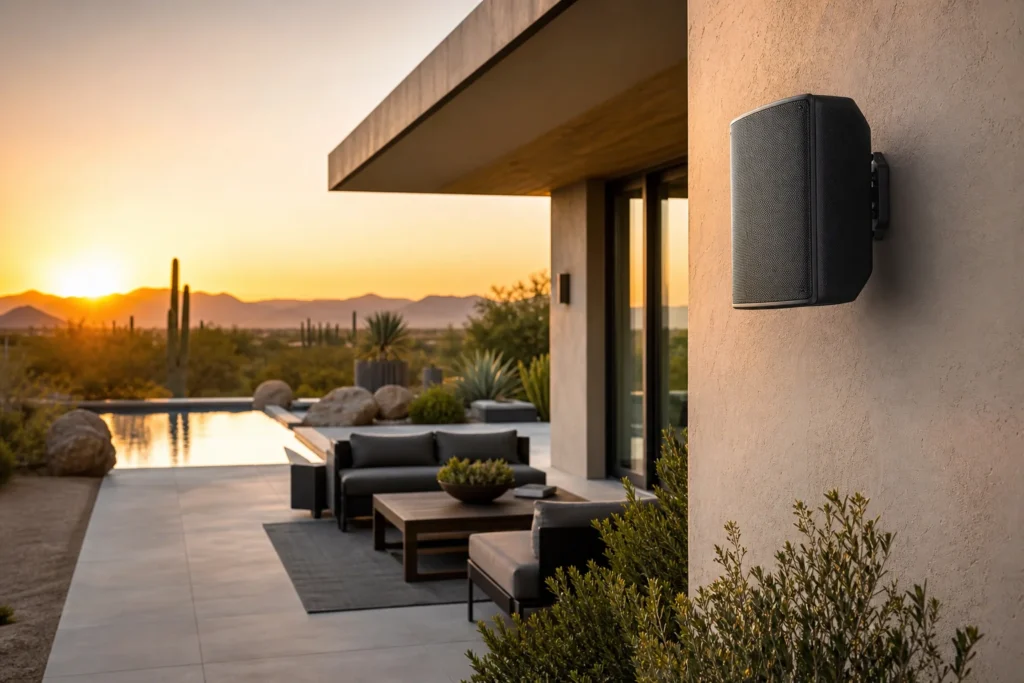 Weatherproof outdoor audio system speaker mounted on a sunlit Arizona patio wall near a pool