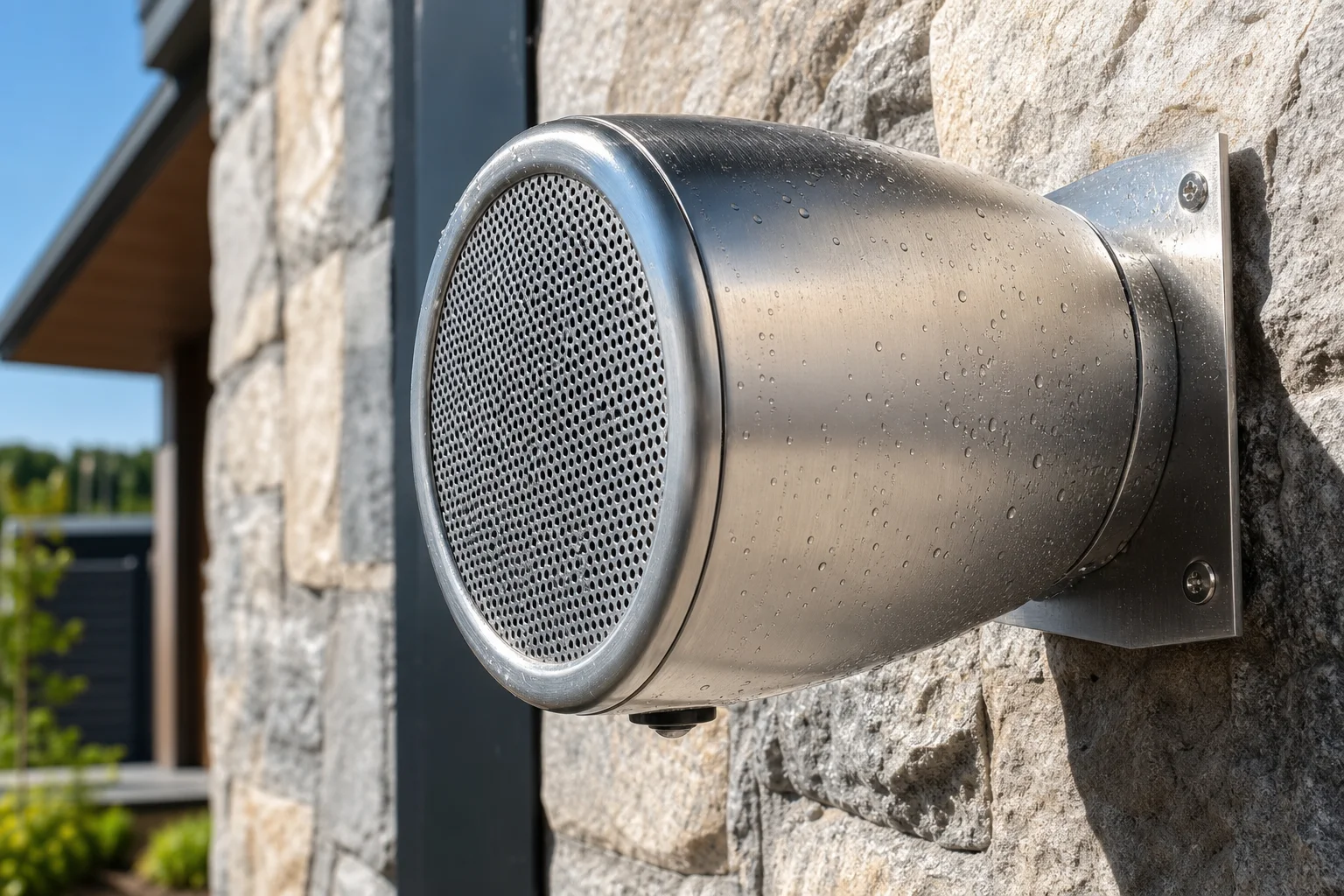 Weatherproof outdoor audio system speaker mounted on a sunlit Arizona patio wall near a pool