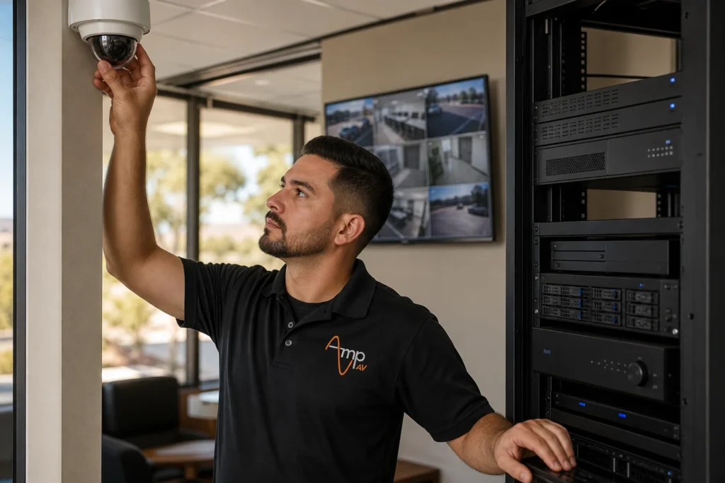 Amp AV technician comparing a Verkada camera setup and a locally owned NVR system inside a Mesa business